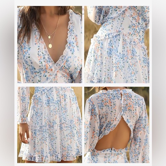 Spring Summer‎ Deep V-Neck Ruffle Long Sleeve Floral Print Mini Dress Sz S - Picture 2 of 13